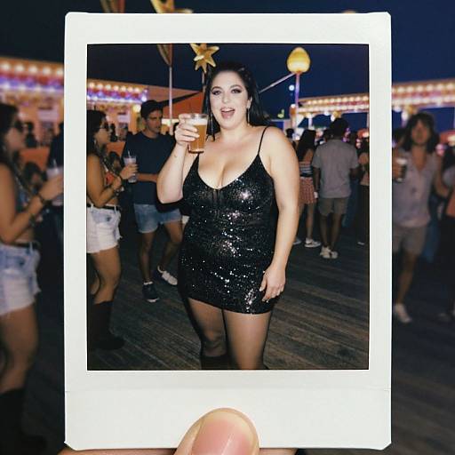 Photograph of a plus-size woman with fair skin and black hair, wearing a sparkly black mini dress, smiling at a nighttime carnival with colorful lights
