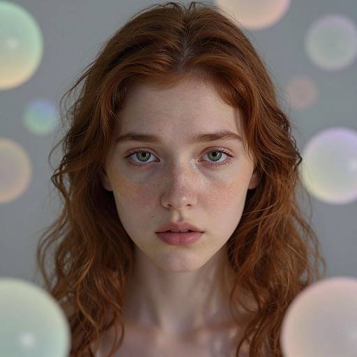 Photograph of a freckled, fair-skinned, red-haired young woman with blue eyes, softly illuminated by pastel-colored bokeh circles in