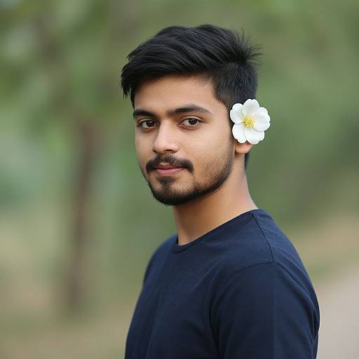 Photograph of a young South Asian man with short black hair, beard, mustache, wearing a black shirt, a white flower in his hair,