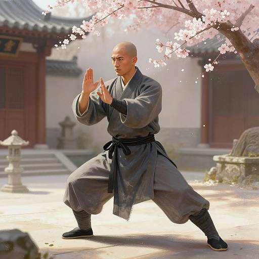 Photograph of a bald, muscular Asian man in a black martial arts robe, performing a karate stance under a cherry blossom tree, traditional Japanese courtyard
