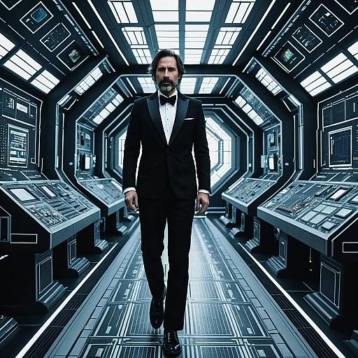 Man in Futuristic Tuxedo in Sci-Fi Control Room