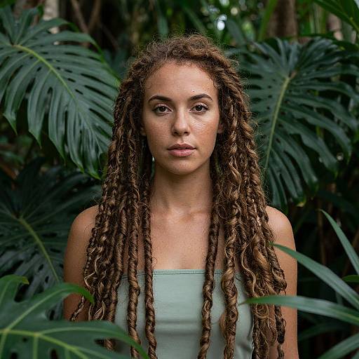Photograph of a young woman with long, natural dreadlocks, wearing a light green tank top, standing amidst lush, green tropical foliage.