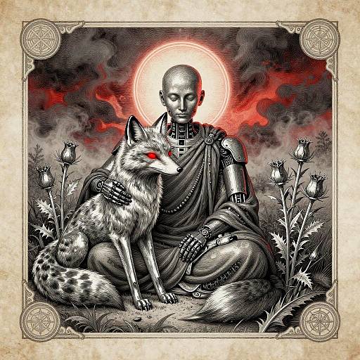 Futuristic Robotic Monk Engraving