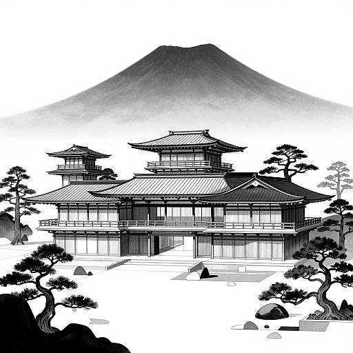 Black-and-white digital illustration of a traditional Japanese castle with multiple tiered roofs, set against a mountain backdrop. Surrounding trees and rocks add depth.