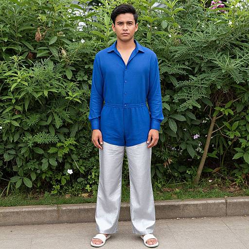 Photograph of a young man with short black hair, wearing a blue button-up shirt, white pants, and white sandals, standing in front of lush