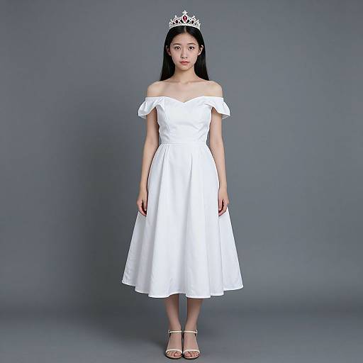 Asian woman with long black hair, wearing a white off-shoulder dress, silver tiara, and white sandals, standing against a gray background.