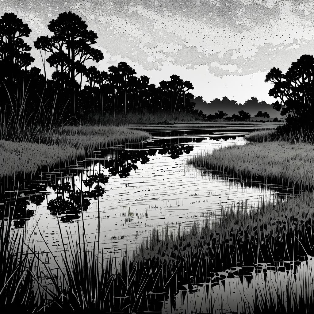 Moonlit Marshy Wetlands at Dusk