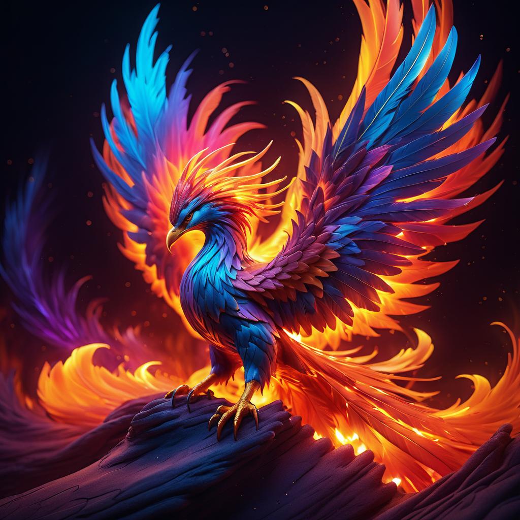 Vibrant Phoenix Rising in Fiery Landscape