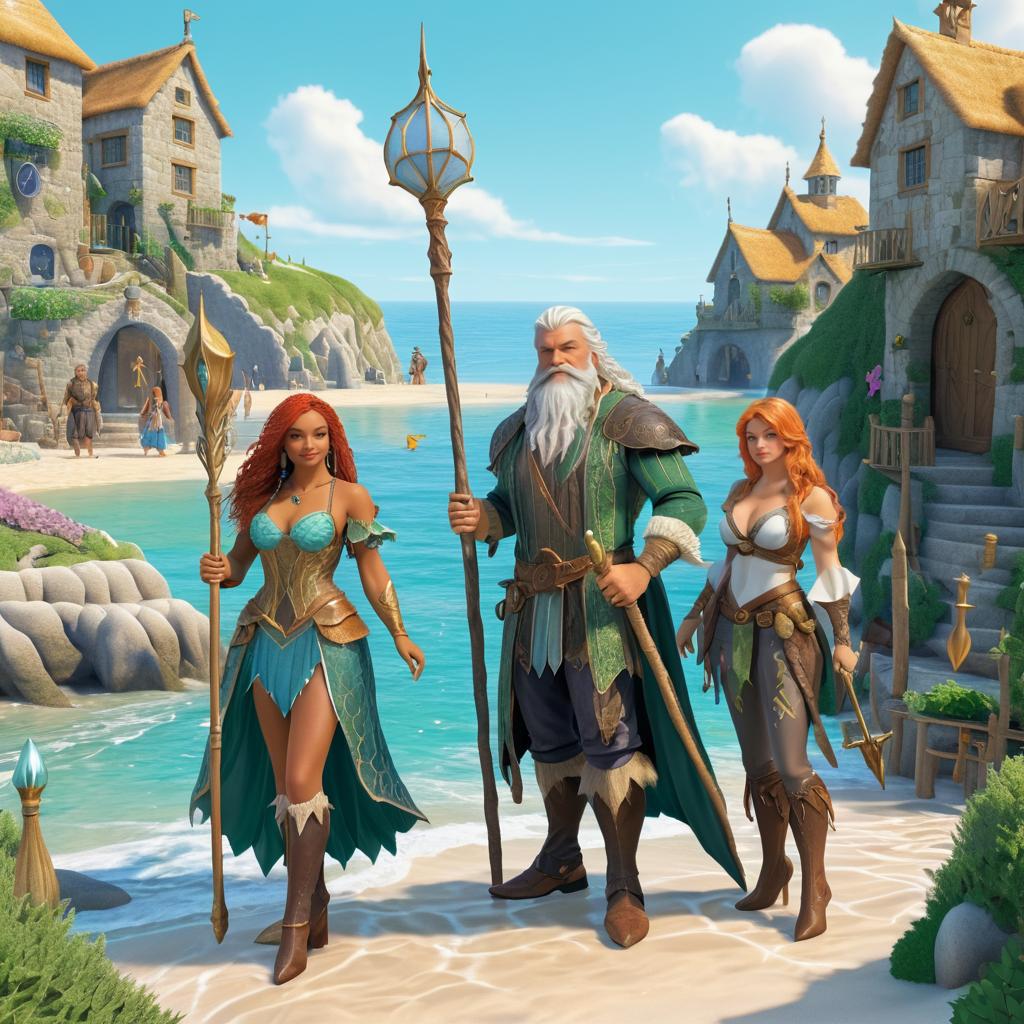 Fantasy Trio in Seaside Village Scene