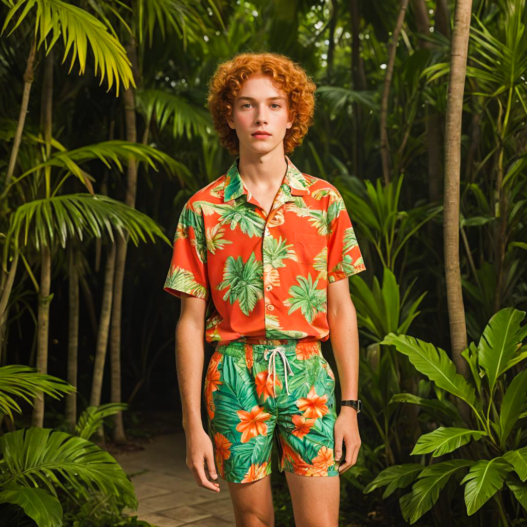 Surprised Teenage Boy in Tropical Outfit