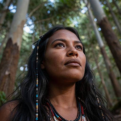 Photograph of a young Indigenous woman with long black hair, beaded headpiece, and necklace, gazing upwards in a lush forest.