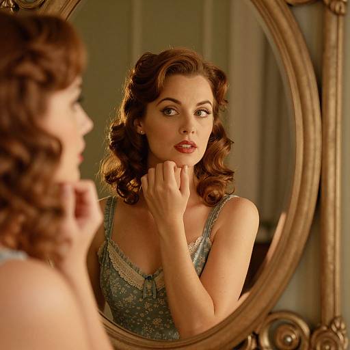 Vintage-style photograph of a brunette woman with curled hair, wearing a green floral dress, gazing thoughtfully at herself in an ornate, oval mirror
