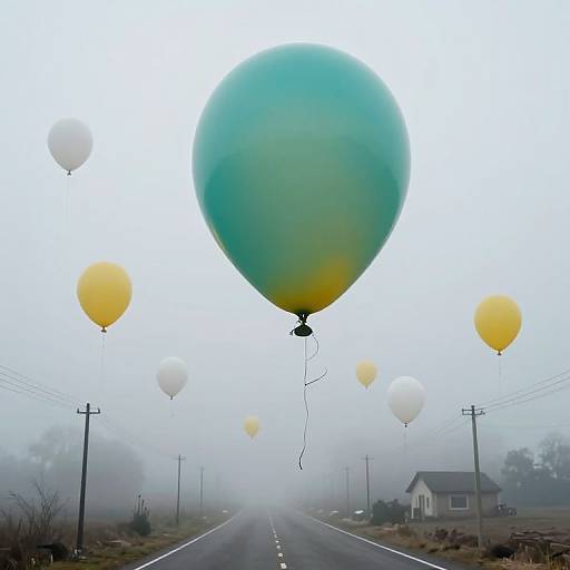 Surreal Balloon Network Over Foggy Road