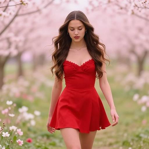 Photograph of a young woman with long, wavy brown hair wearing a red, strapless, lace-trimmed dress, walking in a blo