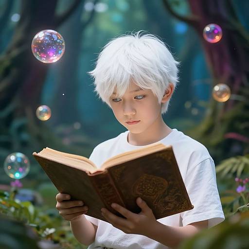 Photograph of a young boy with white hair reading a book in a magical forest, surrounded by colorful, glowing bubbles.