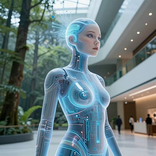 CGI image of a glowing, futuristic female android with blue circuitry patterns, standing in a modern, glass-walled, indoor jungle setting.