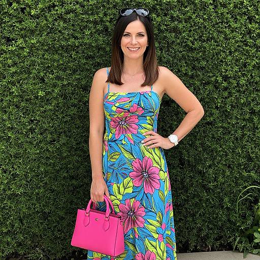Photograph of a smiling woman with straight brown hair, wearing a colorful floral dress, pink handbag, white watch, and sunglasses on head, standing