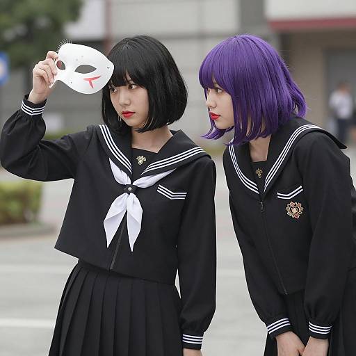 Two women in black Japanese school uniforms with mask