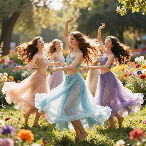 Women Dancing in Blooming Garden