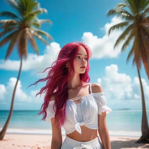 Woman with Pink Hair at Tropical Beach