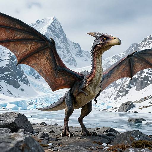 Digital artwork of a fierce, red-scaled dragon with large, dark wings standing on rocky terrain with snowy mountains and a frozen lake in the background.