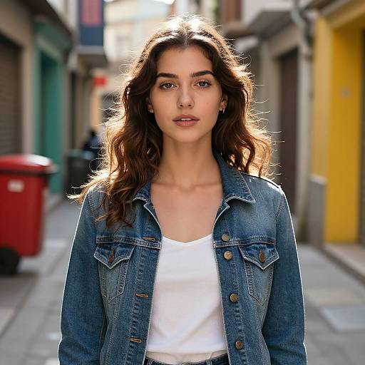 Photograph of a young woman with wavy brown hair, wearing a denim jacket over a white tank top, standing on a sunlit, narrow urban