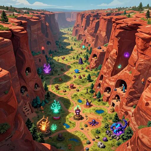 Vibrant digital artwork of a fantasy canyon filled with colorful, glowing magical creatures and structures, surrounded by towering red cliffs and lush greenery.