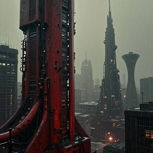 Dystopian Rain-Soaked Sci-Fi Cityscape