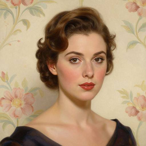 Digital portrait of a fair-skinned, dark-haired woman with red lipstick, wearing a black off-shoulder top, against a floral wallpaper background.