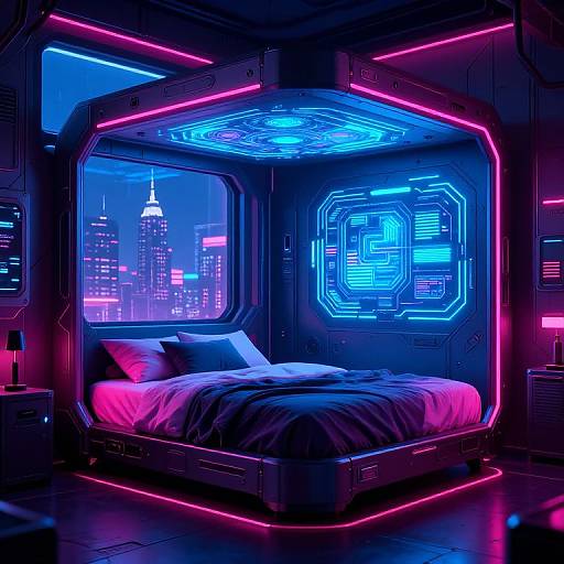 Neon-lit futuristic bedroom with glowing blue and pink lights, hexagonal bed, tech-patterned walls, cityscape view, and sleek, modern