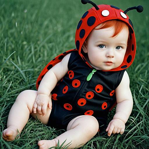 Photograph of a fair-skinned baby with red hair, wearing a red and black ladybug onesie, sitting on green grass.