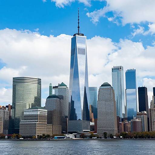 Photograph of New York City skyline with One World Trade Center towering over other skyscrapers, under a bright blue, partly cloudy sky. Hudson River