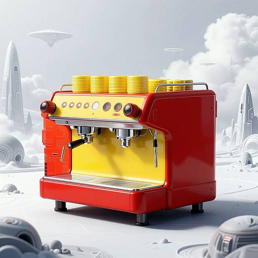 Digital illustration of a vibrant red and yellow espresso machine with stacked yellow coffee cups on top, set against a white, sketch-like urban background.