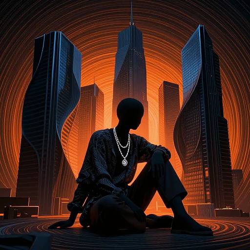 Silhouette of Person with Jewelry Against Twisting Skyscrapers and Orange Vortex