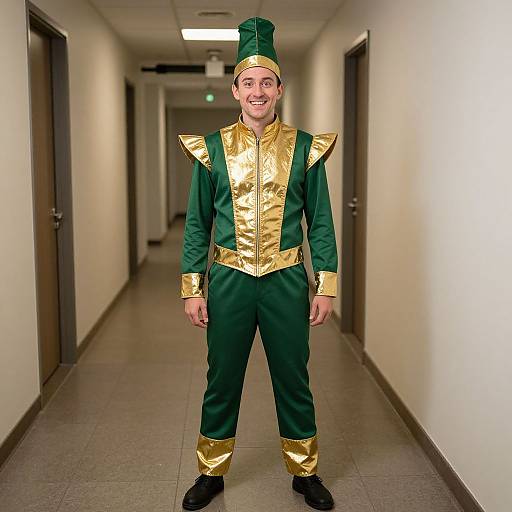Photograph of a smiling man in a green and gold elf costume, standing in a long, dimly lit hallway with white walls and brown doors.