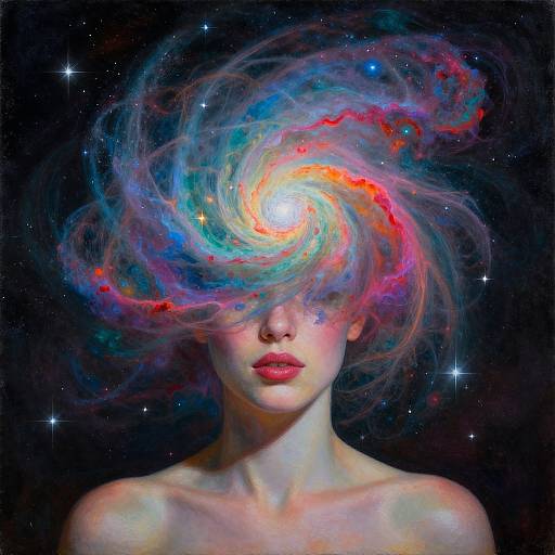 Photorealistic digital artwork of a pale-skinned woman with red lips, bare shoulders, and a swirling galaxy of vibrant colors covering her face, set