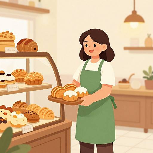 Digital illustration of a cheerful Asian woman with black hair, wearing a green apron and white shirt, holding a tray of pastries in a warm,
