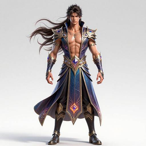 CGI image of a muscular, dark-haired man with long hair, wearing ornate, blue and gold armor with a diamond-shaped gem, standing confidently