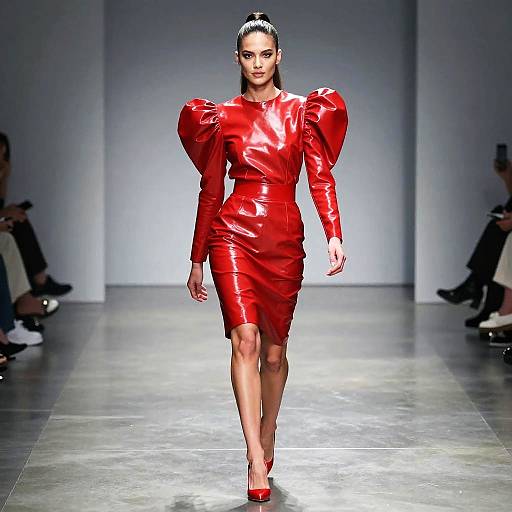 Female Model in Red Latex Dress on Runway