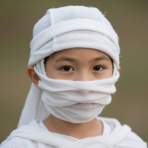 Photograph of a young child with medium brown skin, large dark eyes, and white cloth wrapped around head and face, against a blurred green background.