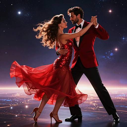 Photograph of a dancing couple: a woman in a flowing red sequin dress and high heels, and a man in a red suit and black tie