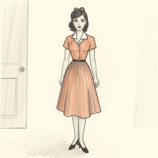 Digital drawing of a 1950s-style woman in an orange dress, black belt, short sleeves, bow in hair, black heels, standing in