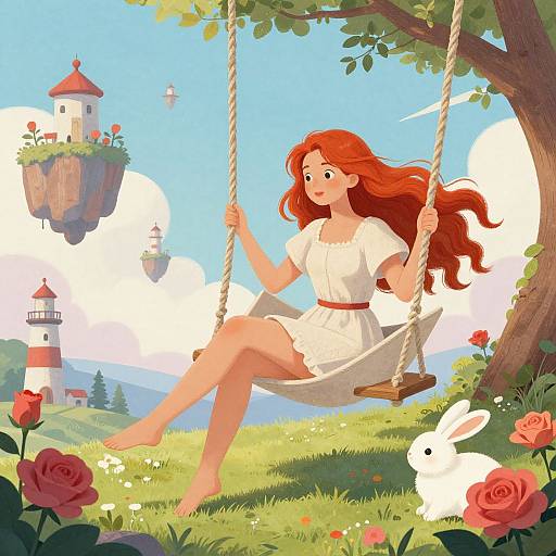 Digital illustration of a red-haired girl in a white dress, swinging on a rope swing, surrounded by flowers, a bunny, and floating lighthouses