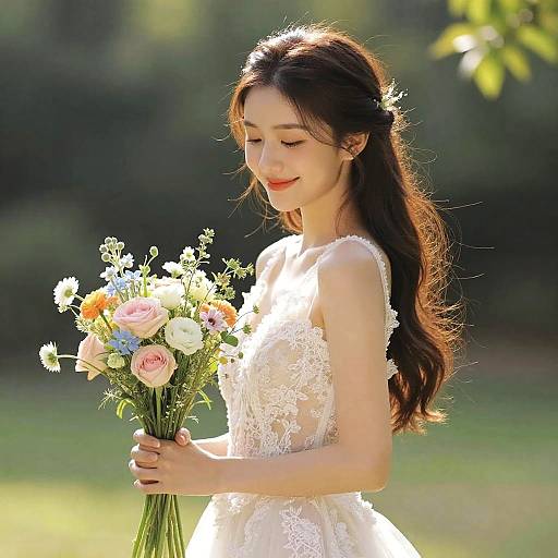 Photograph of an Asian woman with long brown hair in a white lace dress, holding a colorful bouquet of flowers, standing outdoors in sunlight.