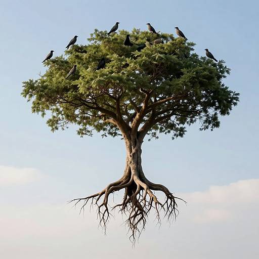 Photograph of a tree with green foliage and exposed roots, set against a clear blue sky, topped with black birds perched.