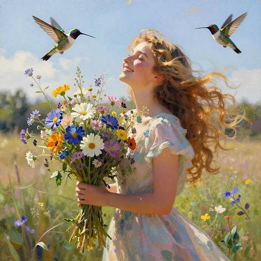 Photograph of a smiling, curly-haired woman in a floral dress, holding a colorful bouquet, surrounded by two hummingbirds in a sunny meadow.