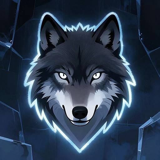 Digital illustration of a glowing wolf's head with piercing white eyes, framed by a luminous blue outline, set against a dark, cracked stone background.