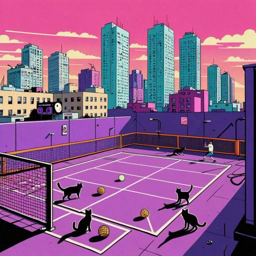 Comic Style Cats Playing Racquetball on Urban Rooftop