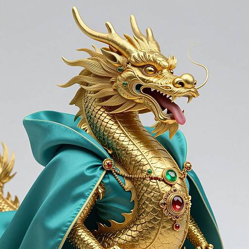 Digital art of a golden dragon with intricate scales, wearing a vibrant blue cloak, adorned with red and green jewels, and an open mouth with a playful