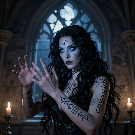Photorealistic digital artwork of a pale, blue-eyed woman with long, curly black hair, black rune tattoos, and glowing eyes in a dark,